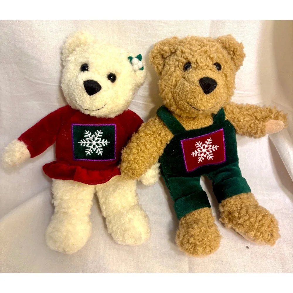 Vintage Hallmark Kissing Teddy Bears Magnetic Plush Set Holiday Snowflake 1190J